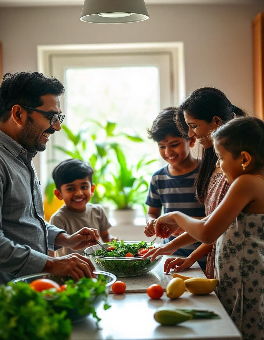 Family cooking with fresh vegetables